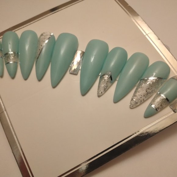 Cyan and clear void space with silver flakes luxury press on nails pPN37 - Picture 2 of 6